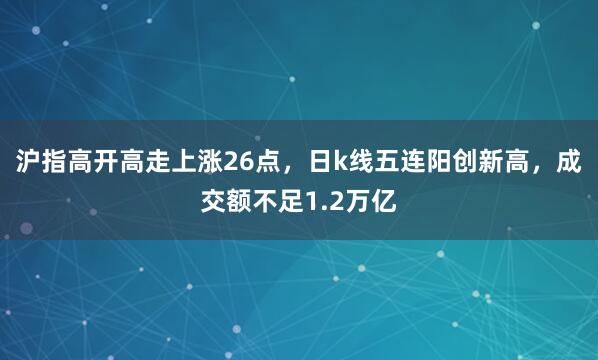 沪指高开高走上涨26点，日k线五连阳创新高，成交额不足1.2万亿
